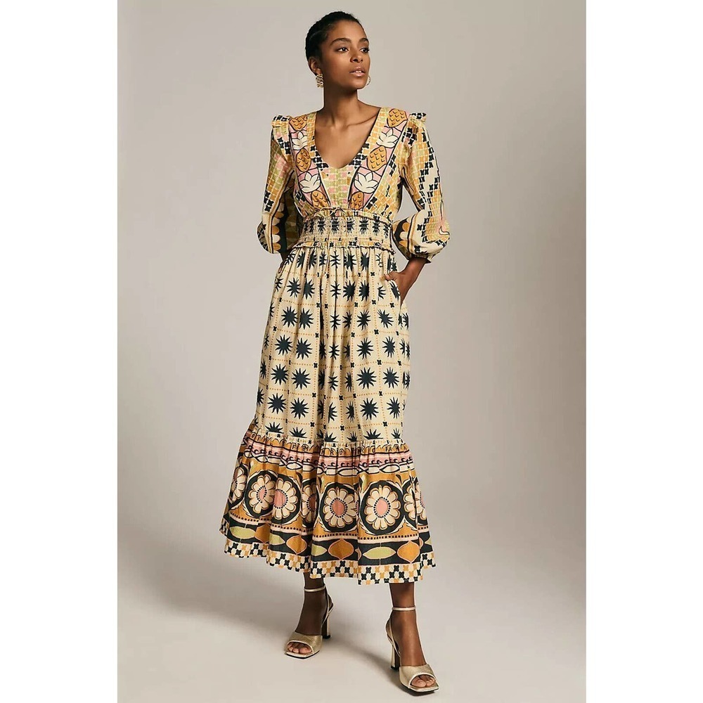 NWT Farm Rio Tropical Sunshine Dress Anthropologie V Neck Size S Peach